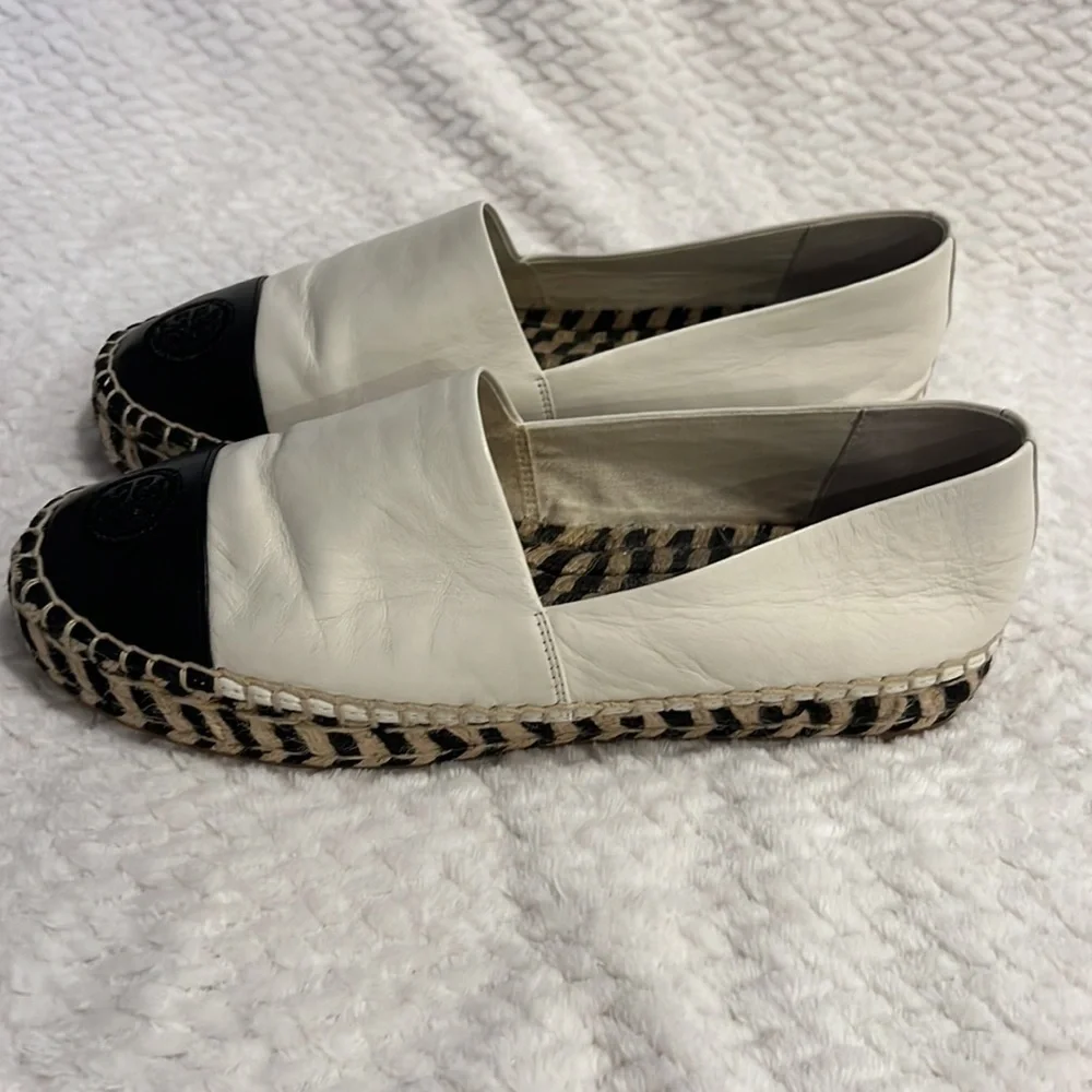 Tory Burch Colour Block Logo Platform Espadrilles Size 9m Black White Leather